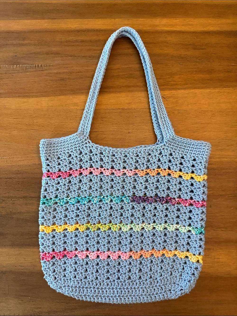 Handmade Light Blue Crochet Hand Bag with Rainbow Stripes